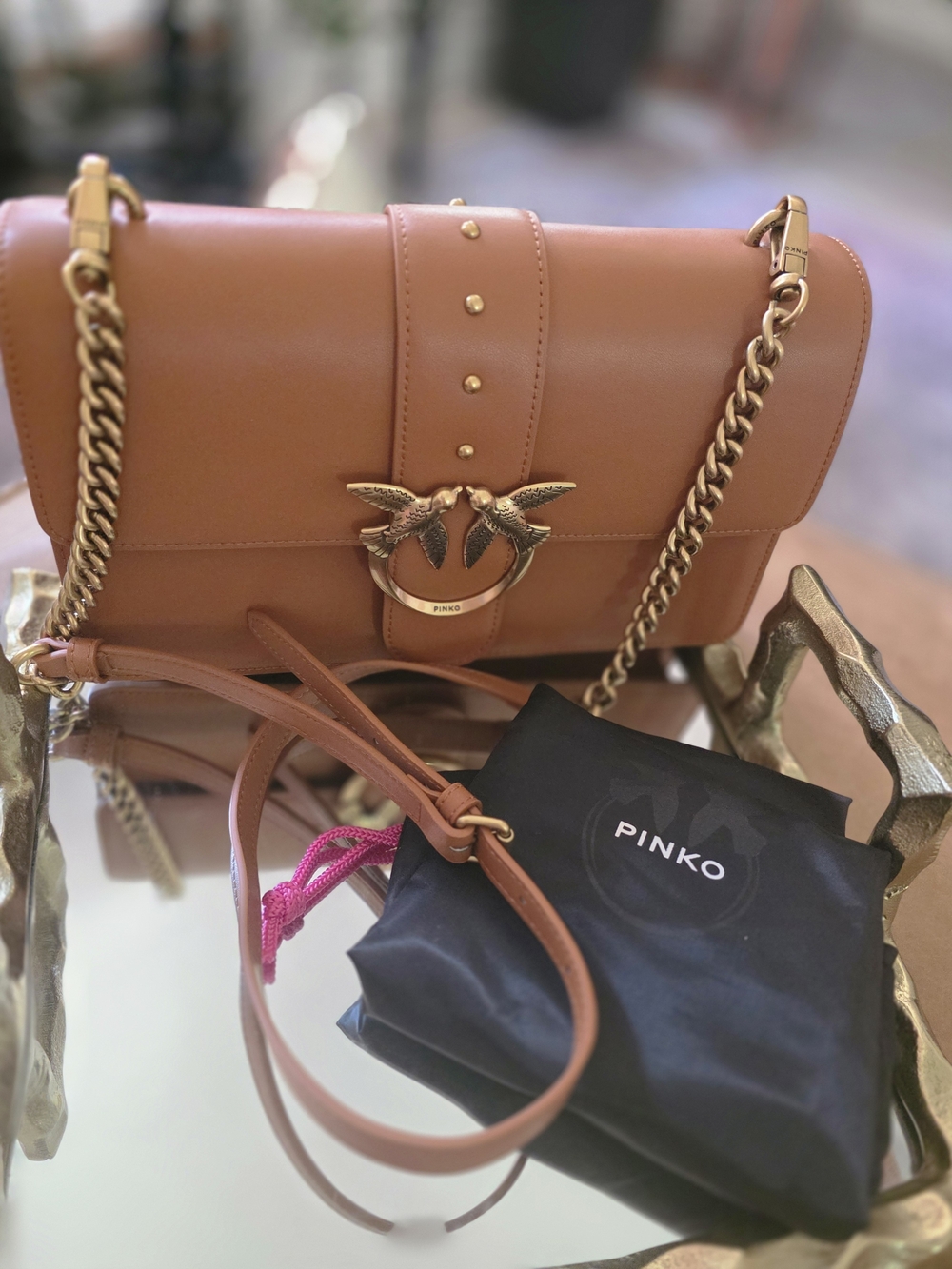 Pinko Tan Leather Shoulder Bag with Gold Chain and Bird Clasp
